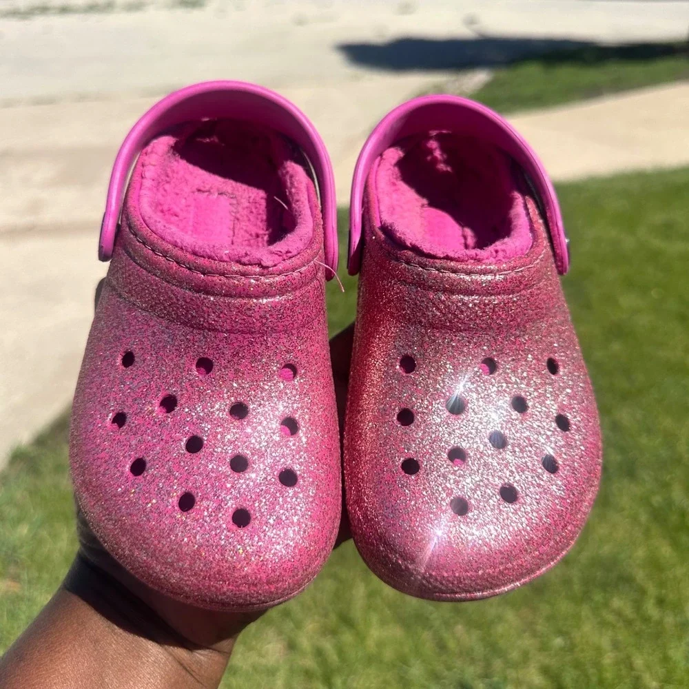 Crocs Kids Classic Lined Glitter Clogs Size 11 Pink Sparkle Sandals